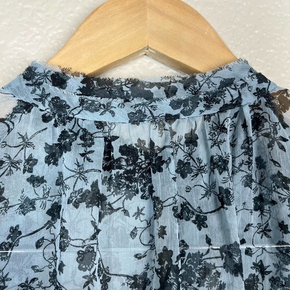 Zara Blouse Sheer Blue Floral Ruffle‎ Button Neck Women’s Size Small - Picture 6 of 9